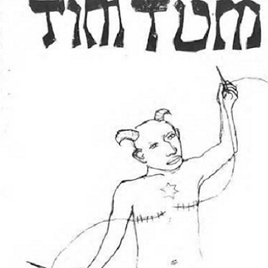 Drawing of a person with horns and a Star of David on their chest using a needle to stitch up cuts from top surgery. Text above the figure reads "TIM TUM" in letters designed to look like the Hebrew alphabet