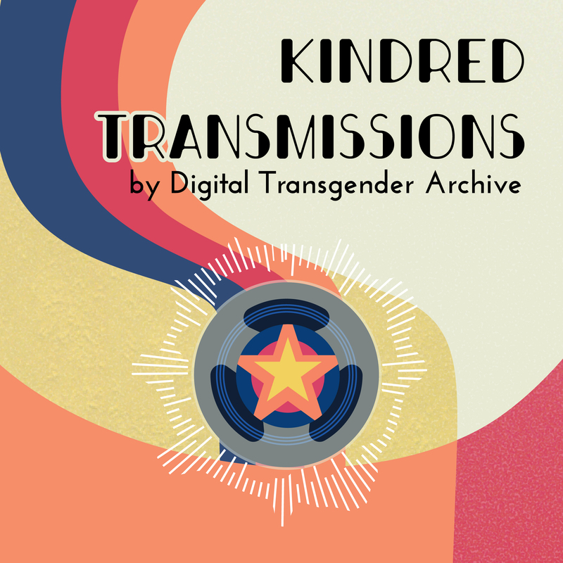 Cover art for Kindred Transmissions podcast, including a swirl of color centering on a radio reel with a star in the middle.