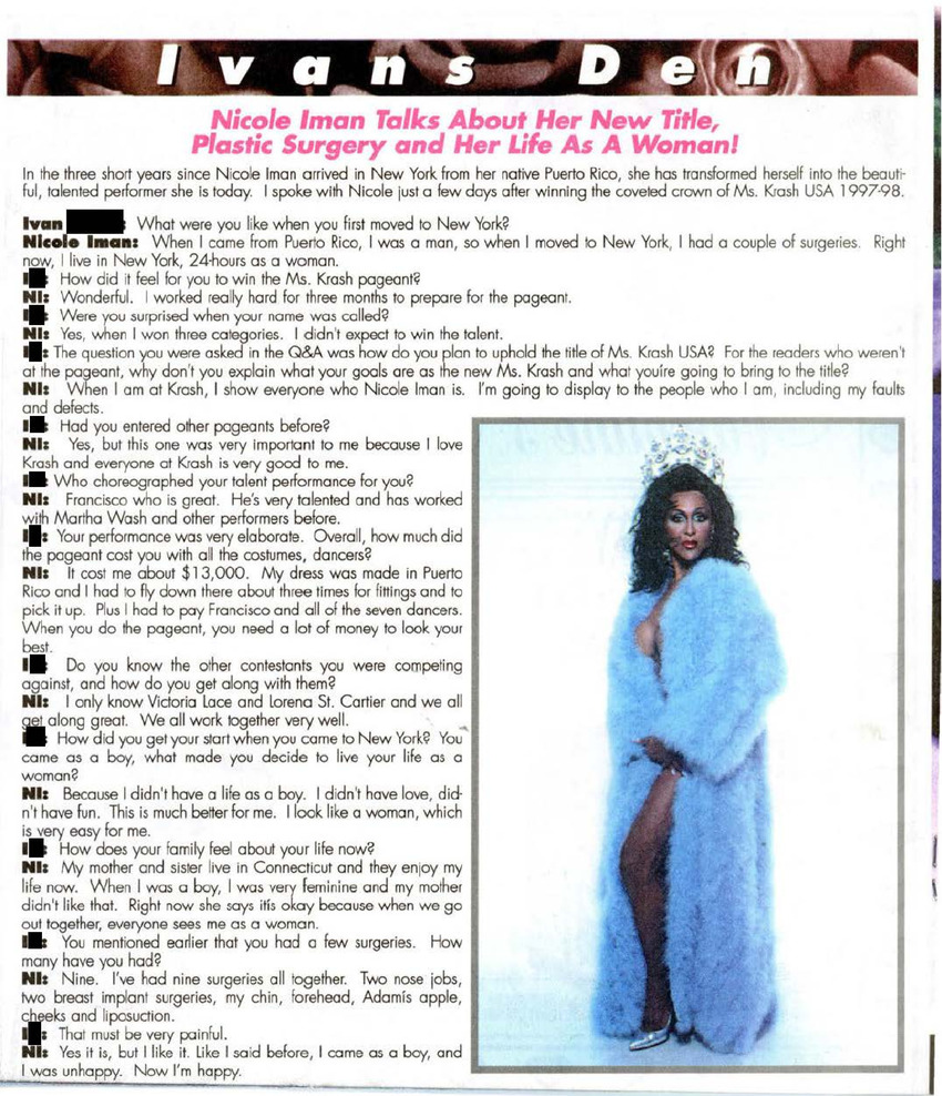 Download the full-sized PDF of Ivan's Den - Nicole Iman Talks About Her New Title, Plastic Surgery and Her Life As A Woman! and Nicole Iman Crowned Ms. Crash USA 1997-98