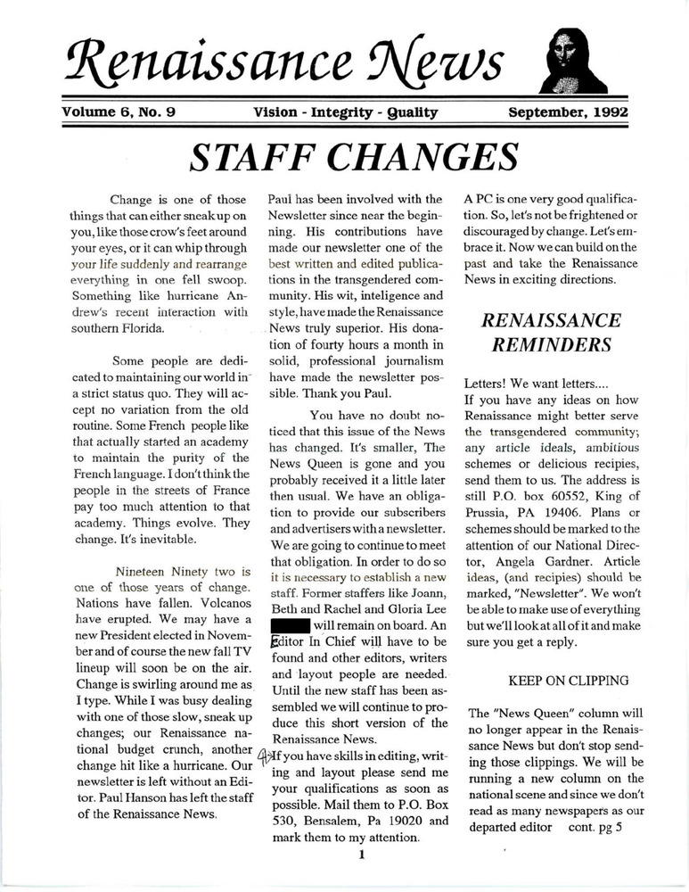 Download the full-sized PDF of Renaissance News, Vol. 6 No. 9 (September 1992)