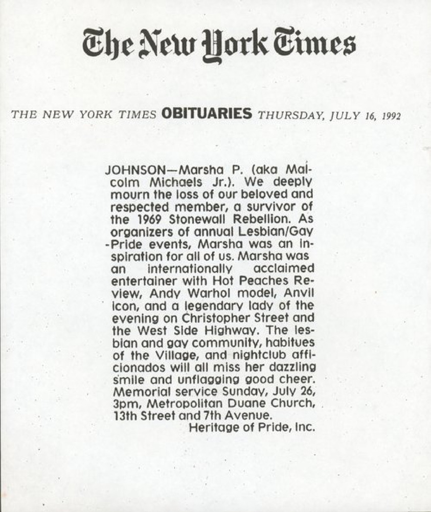 Download the full-sized PDF of A New York Times Obituary for Marsha P. Johnson