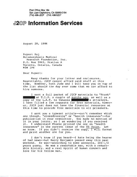 Download the full-sized image of Letter from Joanna M. Clark (August 28, 1986)