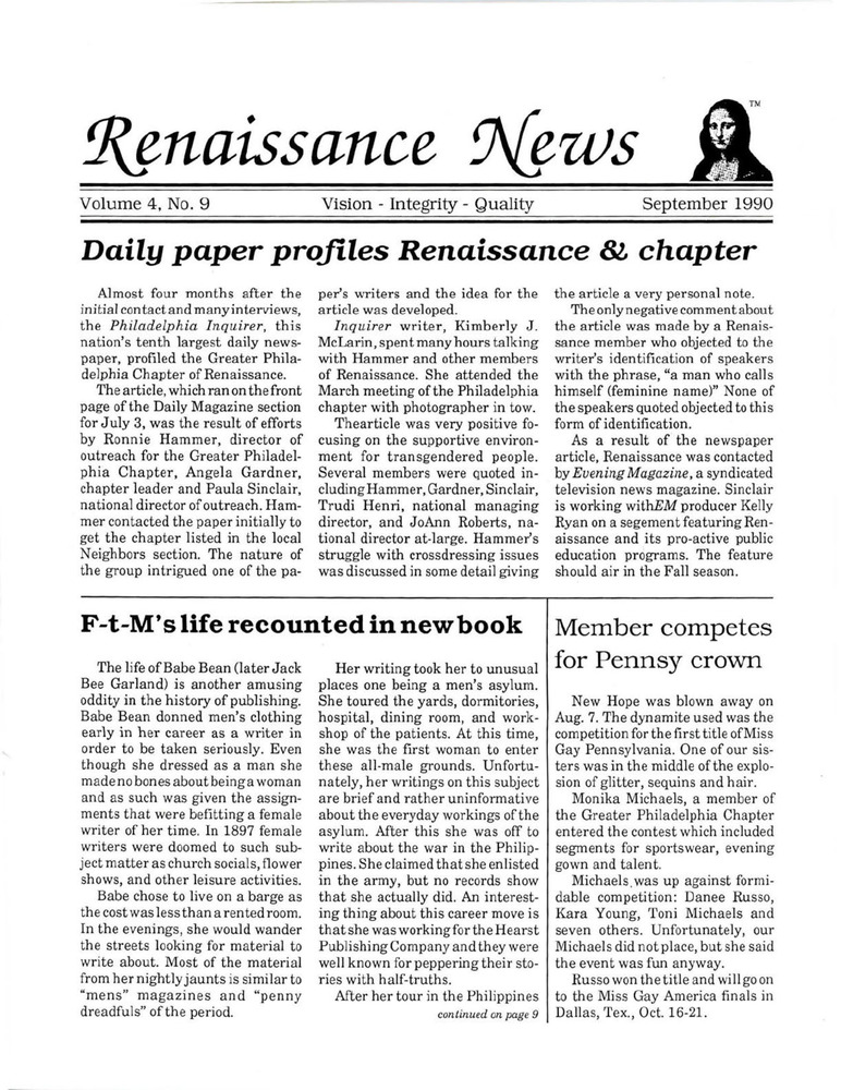 Download the full-sized PDF of Renaissance News, Vol. 4 No. 9 (September 1990)