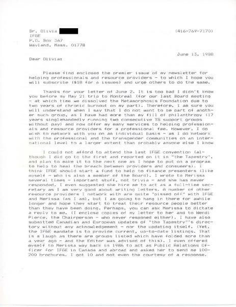 Download the full-sized image of Letter from Rupert Raj to Dr. Olivia Jensen (June 13, 1988)