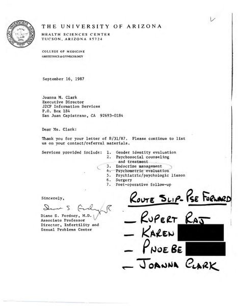 Download the full-sized image of Letter from Diane S. Fordney to Joanna Clark (September 16, 1987)