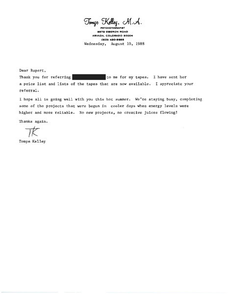 Download the full-sized image of Letter From Tomye Kelley to Rupert Raj (August 10, 1988)