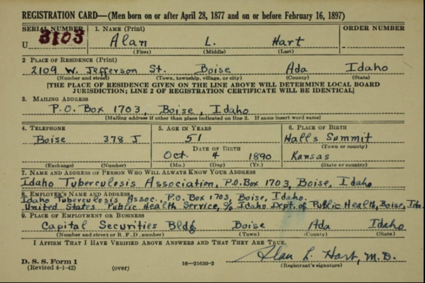 Download the full-sized image of Alan Hart's 1942 draft registration card