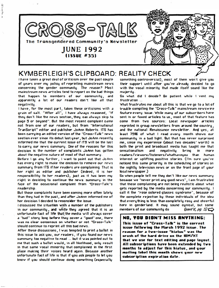 Download the full-sized PDF of Cross-Talk: The Transgender Community News & Information Monthly, No. 35 (June, 1992)