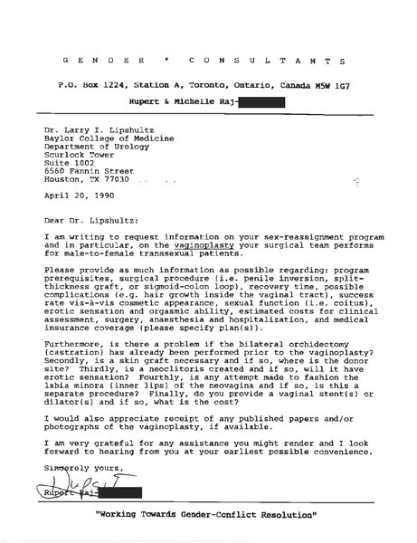 Download the full-sized PDF of Letter from Rupert Raj to Dr. Larry Lipshultz (April 20, 1990)