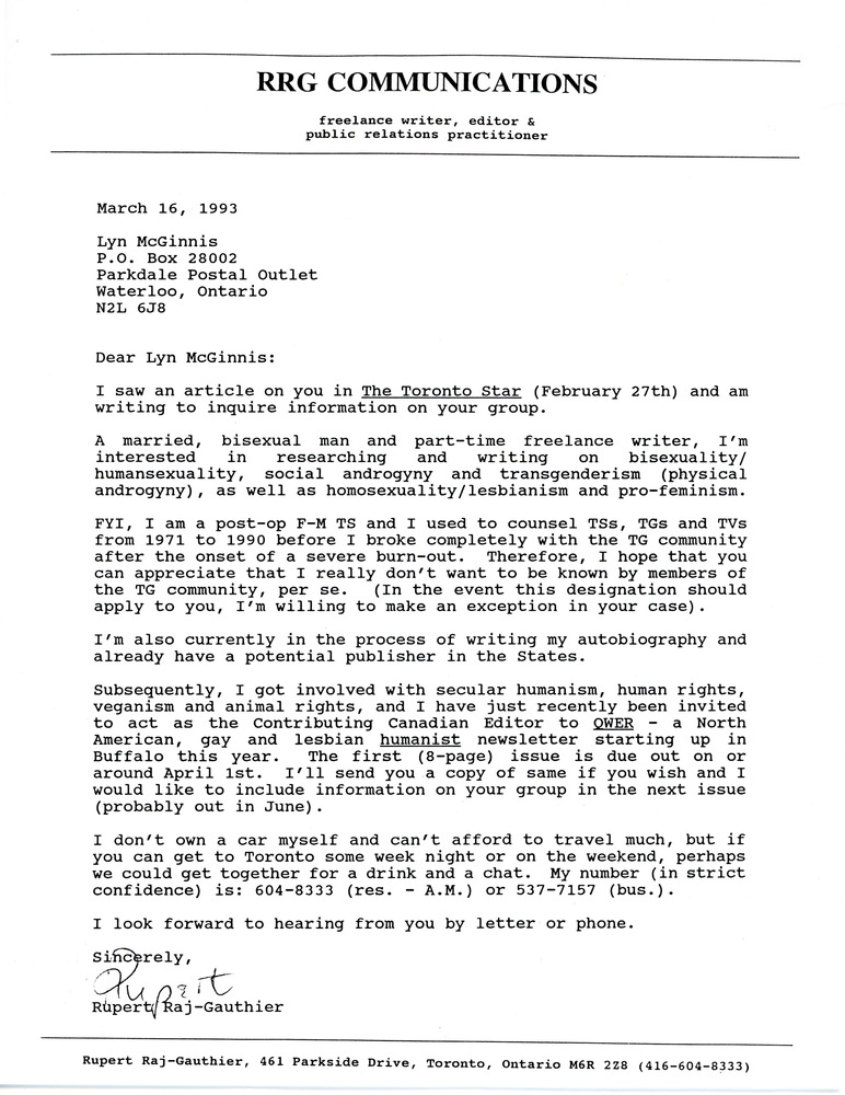 Download the full-sized PDF of Letter from Rupert Raj to Lyn McGinnis (March 16, 1993)