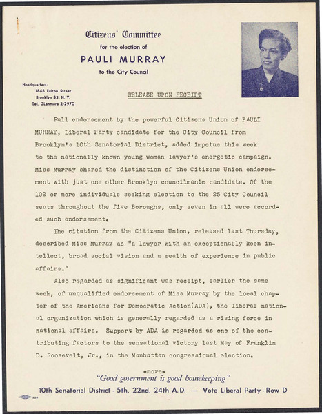 Download the full-sized image of Endorsement of Pauli Murray