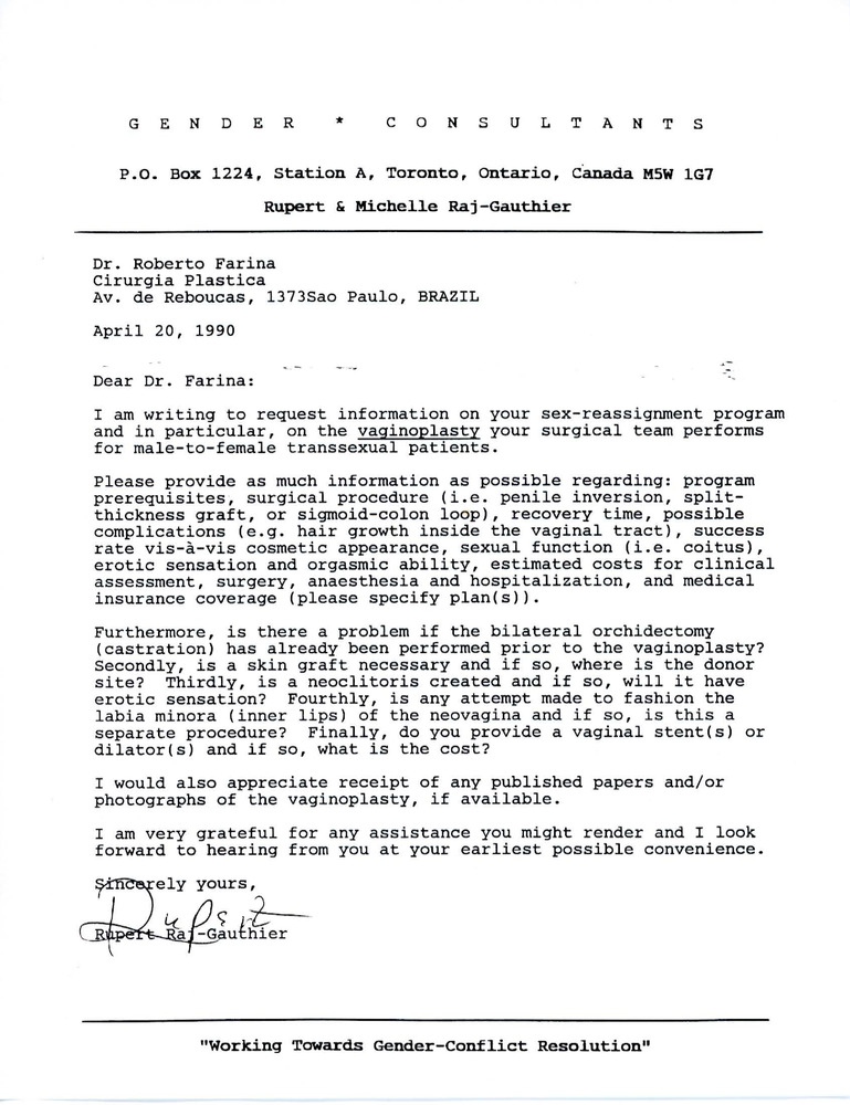 Download the full-sized PDF of Letter from Rupert Raj to Dr. Roberto Farina (April 20, 1990)