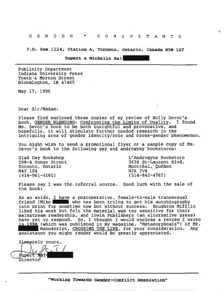 Download the full-sized image of Letter from Rupert Raj to the Publicity Department at Indiana University Press (May 17, 1990)