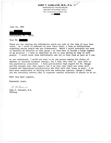 Download the full-sized image of Letter from Dr. John T. Garland to Pat [redacted] (June 24, 1985)