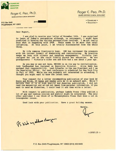 Download the full-sized image of Letters From Roger E. Peo to Rupert Raj (1992)