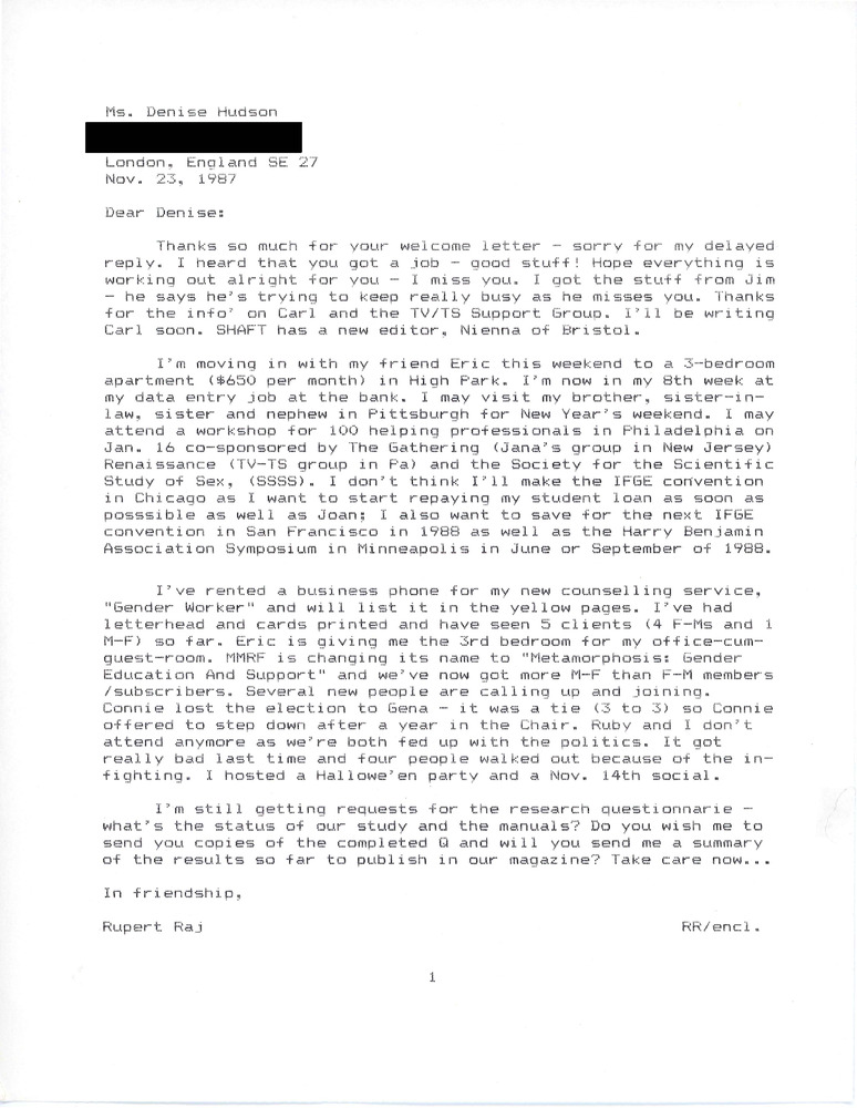 Download the full-sized PDF of Letter from Rupert Raj to Denise Hudson (November 23, 1987)