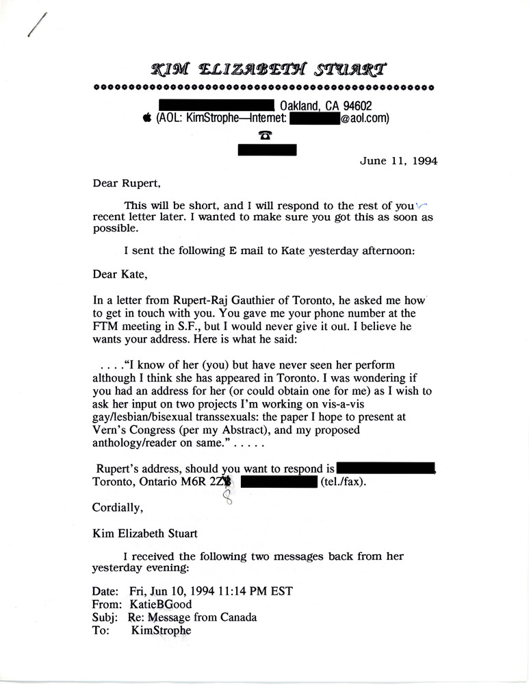 Download the full-sized PDF of Letter from Kim Elizabeth Stuart to Rupert Raj (June 11, 1994)