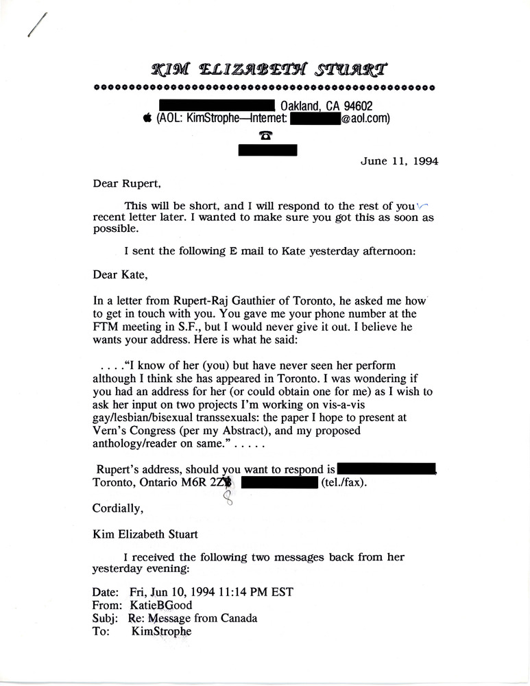 Download the full-sized PDF of Letter from Kim Elizabeth Stuart to Rupert Raj (June 11, 1994)