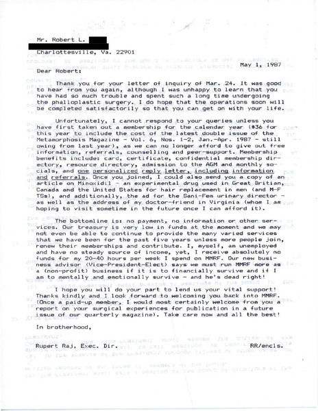 Download the full-sized image of Letter from Rupert Raj to Robert L. (May 1, 1987)