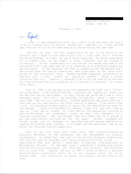 Download the full-sized image of Letter from Susan C. Huxford to Rupert Raj (December 1, 1987)
