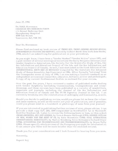 Download the full-sized image of Letter from Rupert Raj to Dr. R.W.D. Stevenson (June 27, 1994)