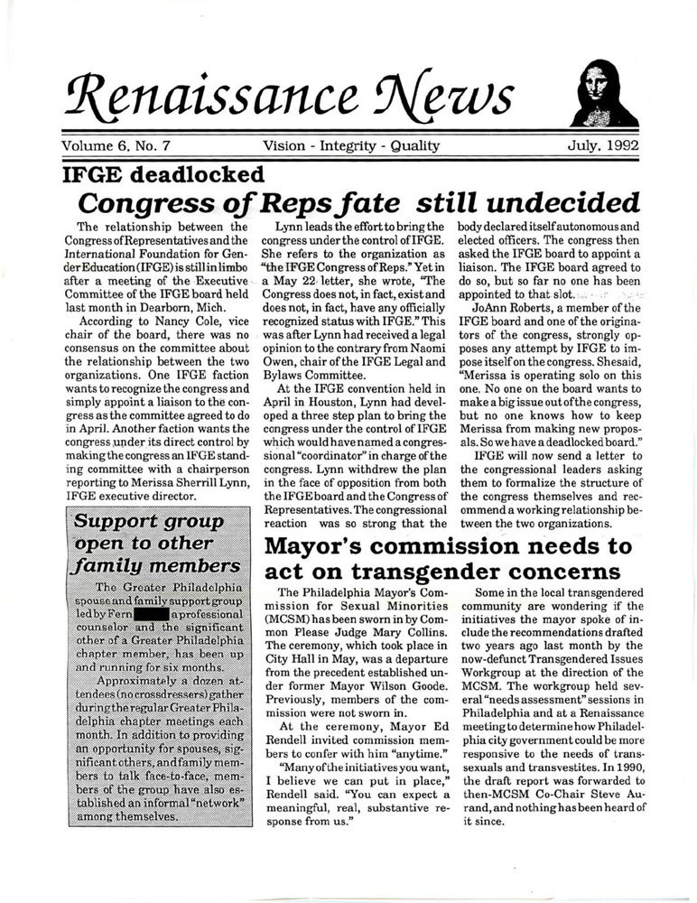 Download the full-sized PDF of Renaissance News, Vol. 6 No. 7 (July 1992)