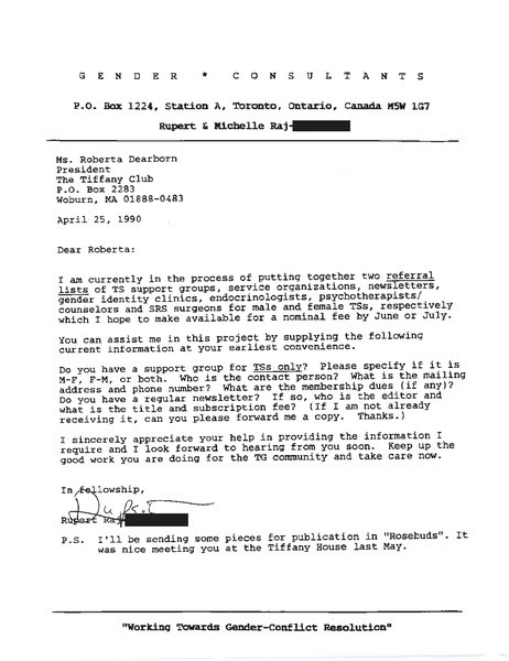 Download the full-sized image of Letter from Rupert Raj to Roberta Dearborn (April 25, 1990)