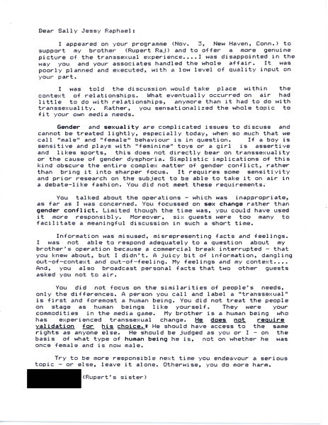 Download the full-sized image of Letter from Rupert's Sister to Sally Jessy Raphael