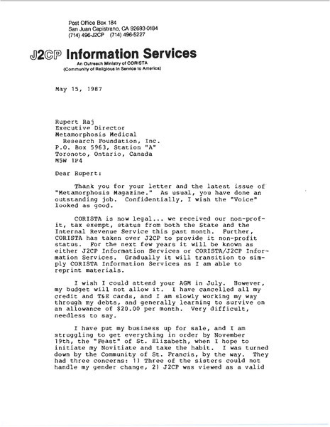 Download the full-sized image of Letter from Johanna M. Clark (May 15, 1987)