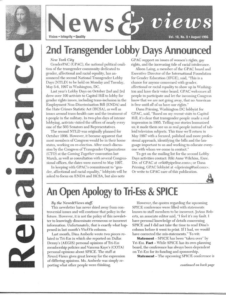 Download the full-sized PDF of Renaissance News & Views Vol. 10, No. 8 (August, 1996)