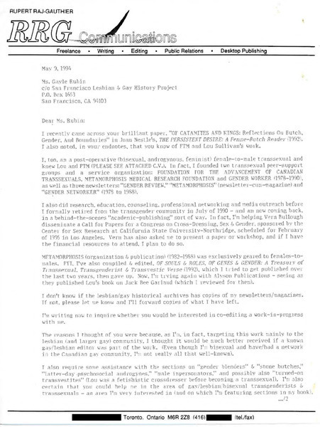 Download the full-sized PDF of Letter from Rupert Raj to Gayle Rubin (May 9, 1994)