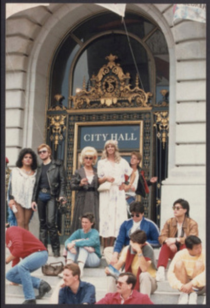 Download the full-sized image of Educational Transvestite Channel members at City Hall, 1987 (10)