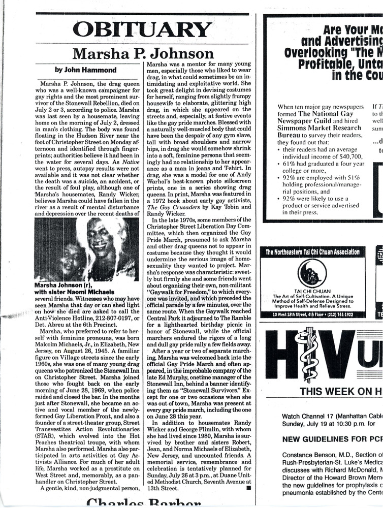 Download the full-sized PDF of Obituary for Marsha P. Johnson