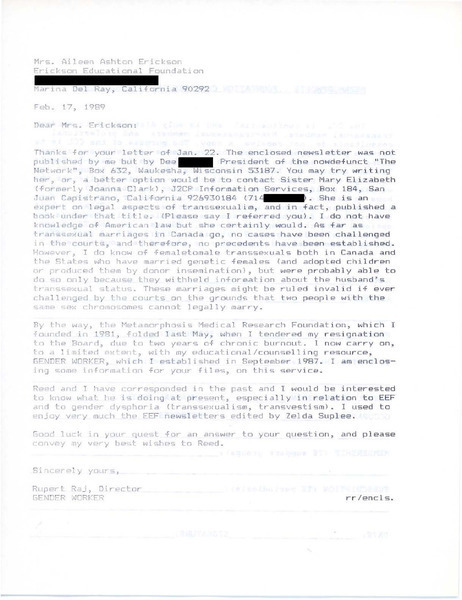 Download the full-sized image of Letter from Rupert Raj to Aileen Erickson (February 17, 1989)