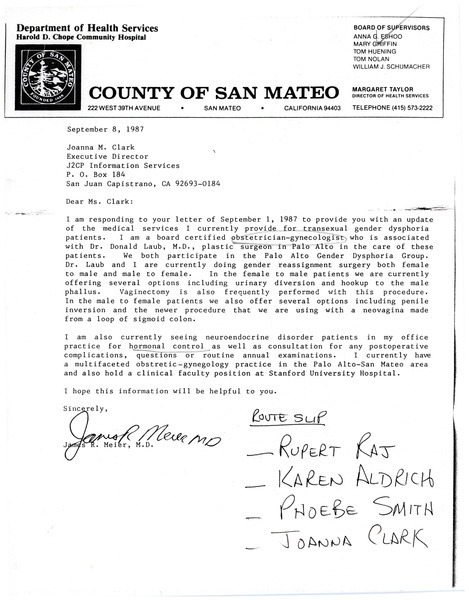 Download the full-sized image of Letter from James R. Meier to Joanna Clark (September 8, 1987)