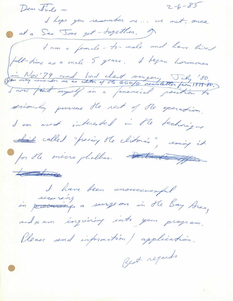 Download the full-sized PDF of Correspondence from Lou Sullivan to Jude Patton (February 6, 1985)