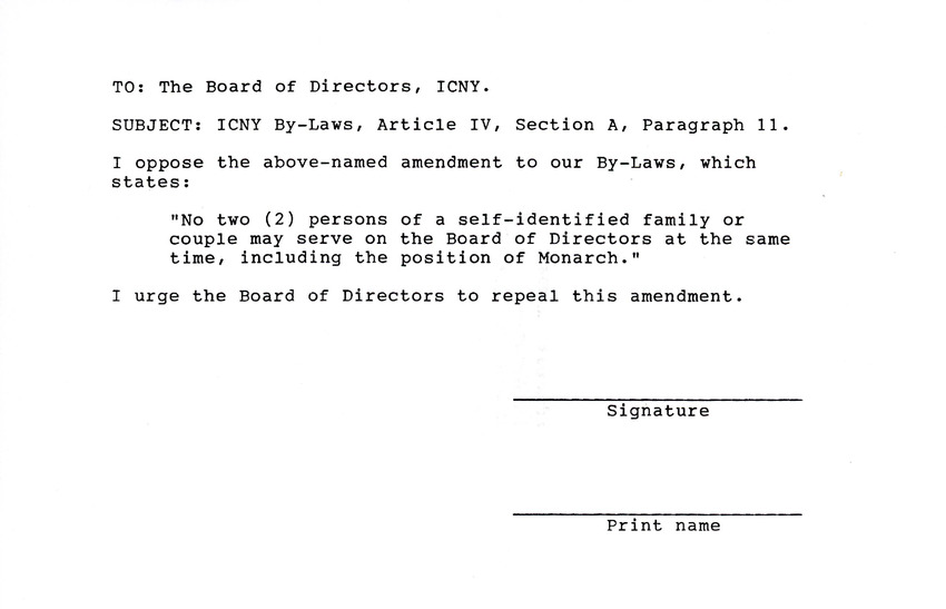 Download the full-sized PDF of The Imperial Court of New York: Letter to Board of Directors Opposing Article IV, Section A, Paragraph 11