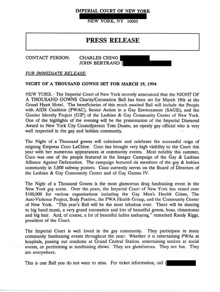 Download the full-sized PDF of Press Release for Night of a Thousand Gowns 1994