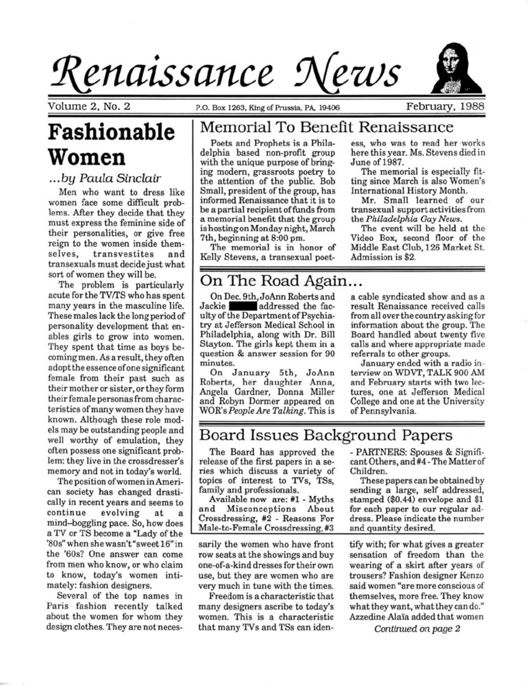 Download the full-sized PDF of Renaissance News, Vol. 2 No. 2 (February 1988)