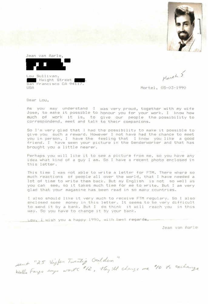 Download the full-sized PDF of Correspondence from Jean Van Aarle to Lou Sullivan (March 5, 1990)