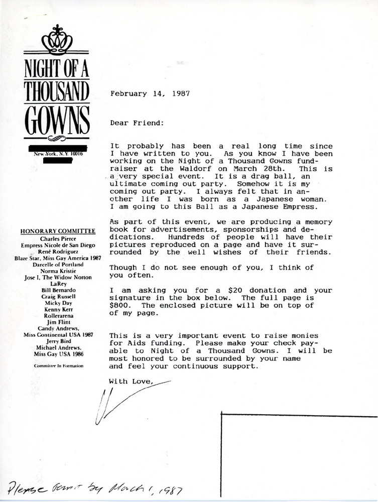 Download the full-sized PDF of Press Release for Night of a Thousand Gowns 1987