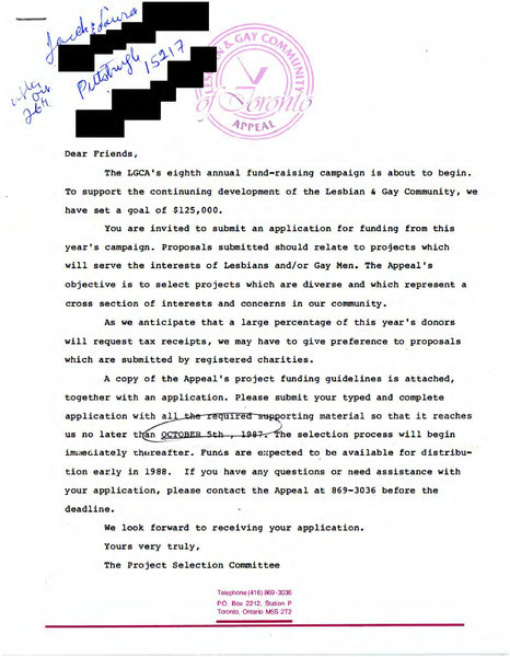 Download the full-sized image of Letter from the Lesbian and Gay Community Appeal of Toronto (1987)