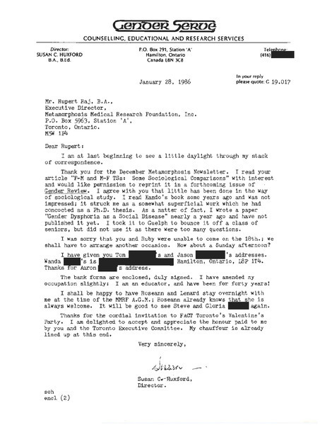 Download the full-sized image of Letter from Susan C. Huxford to Rupert Raj (January 28, 1986)