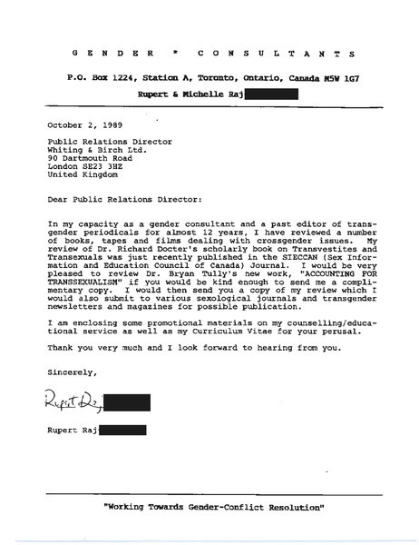 Download the full-sized image of Letter from Rupert Raj to a Public Relations Director (October 2, 1989)