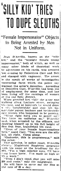 Download the full-sized image of 'Silly Kid' Tries to Dupe Sleuths: "Female Impersonator" Objects to Being Arrested by Men Not in Uniform 