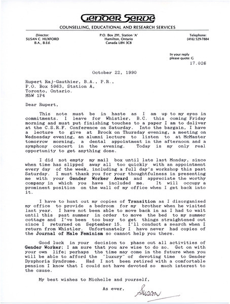 Download the full-sized image of Letter from Susan C. Huxford to Rupert Raj (October 22, 1990)