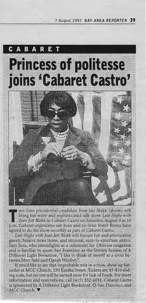 Download the full-sized PDF of News Clipping on Joan Jett Blakk and Cabaret Castro