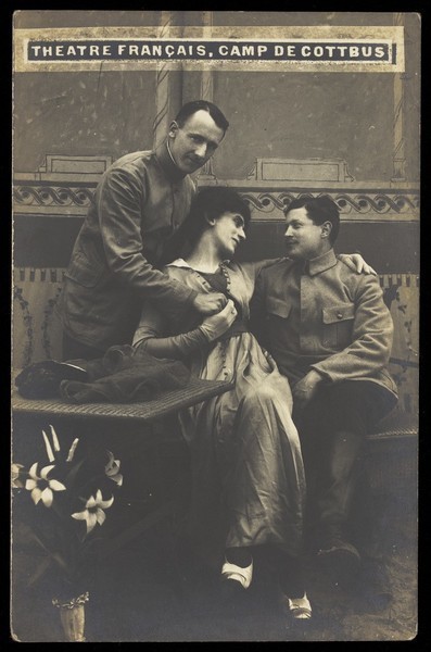 Download the full-sized image of French prisoners of war performing a show at a prisoner of war camp in Cottbus. Photographic postcard by P. Tharan, 191-.