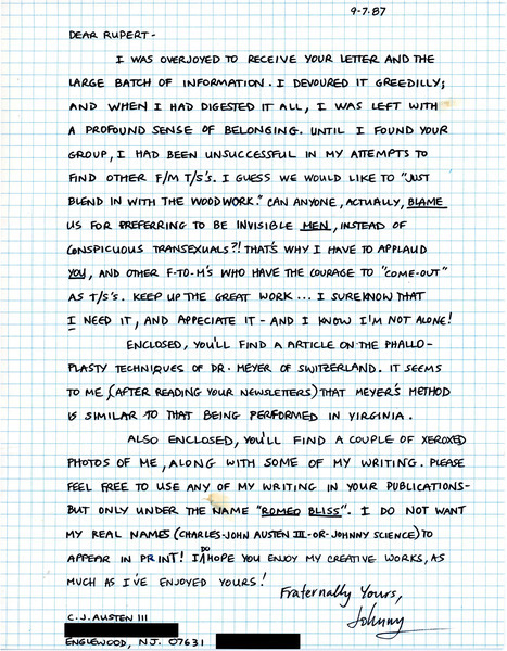 Download the full-sized image of Letter from Charles John Austen III to Rupert Raj (September 7, 1987)
