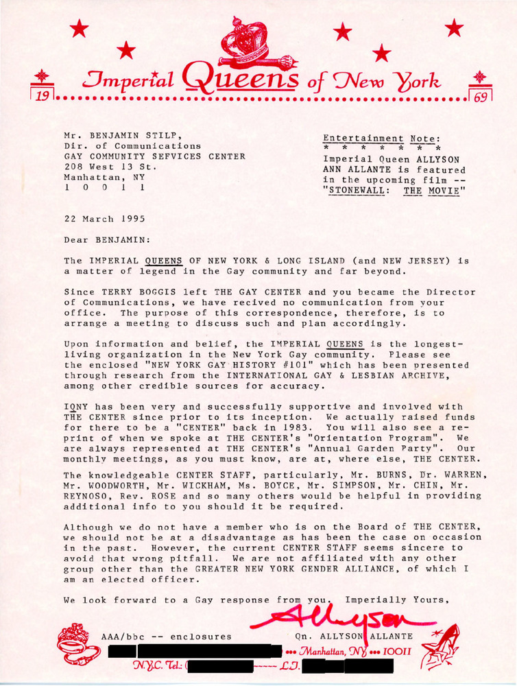 Download the full-sized PDF of Letter from Imperial Queens of New York to the Gay Community Services Center (March 1995)